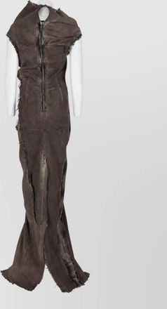 Rick Owens denim distressed panelled sleeveless high funnel neck maxi dress