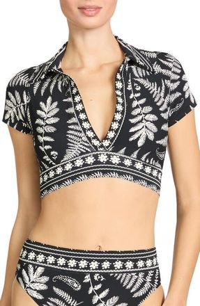 Robin Piccone Hailey Short Sleeve Bikini Top in Black/Ecru at Nordstrom, Size X-Small