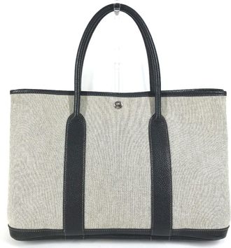 Herm&egrave;s Garden Black Gray Toile H Leather Handbag Tote Bag (Pre-Owned)