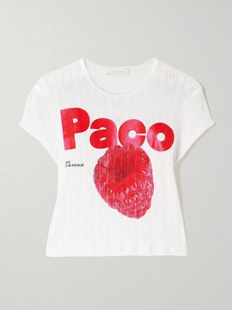 Paco Rabanne T-shirt Cropped In Cotone Pointelle Con Stampa - Bianco