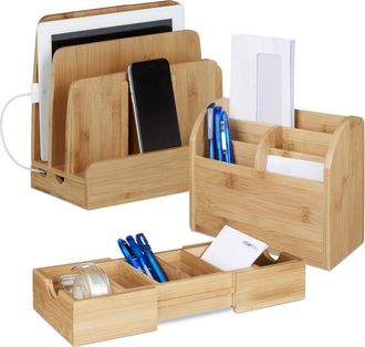Relaxdays Set De 3 Piezas Organizador De Bamb&uacute; Para Escritorio: Caj&oacute;n Extra&iacute;ble, Base De Carga M&oacute;vil, Bandeja De Cartas, Natural