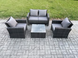 Fimous 4 PCS Outdoor Lounge Sofa Set Wicker PE Rattan Garden Furniture Set with Armchair Squar Coffee Table in Dark Grey