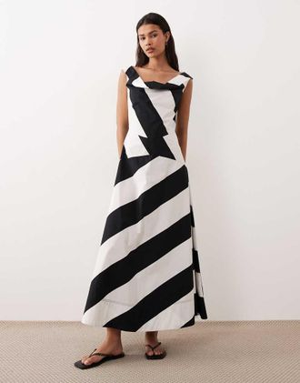 Asos Vestito lungo in popeline pesante nero e bianco a righe con scollo drappeggiato-Multicolore