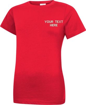 Generic Personalised Embroidered Your Text UC318 Ladies T-Shirt, Ladies Any Text Classic Crew Neck T-Shirt Top (Red, M)