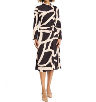 Maggy London Printed Asymmetric Ruched Dress In Black/tan