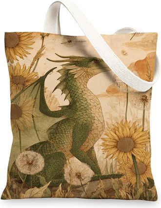 Generic Dragon Canvas Tote Bags, Artistic Dragon Design Reusable Bags, Vintage Fantasy Linen Lightweight Washable Shoulder Bags for Outdoor Travel Picnic 13x1