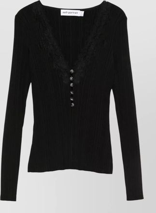 Self Portrait ribbed lace trim button front v-neck long-sleeve knitted top