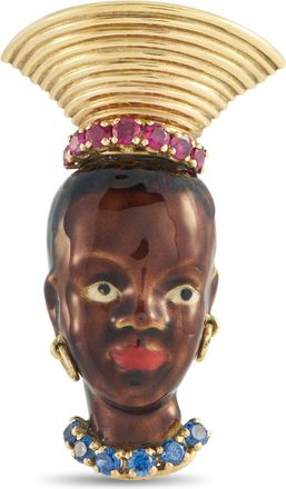Luxury Bazaar 18K Yellow Gold Sapphire, Ruby, and Enamel French Blackamoor Brooch MF11-050726