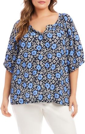 Karen Kane Floral Button-Up Peasant Top in Blue Print at Nordstrom, Size 0 X