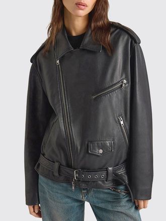 Momoni Giacca biker in pelle relaxed fit con chiusura asimmetrica e cintura