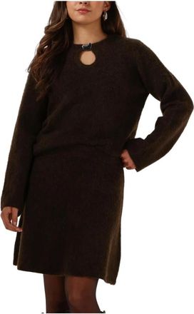 Selected Slflulu Brushed LS Knit Keyhole O-Neck - Dames - Korte kleedjes - Bruin - L - Wol - Kleedjes