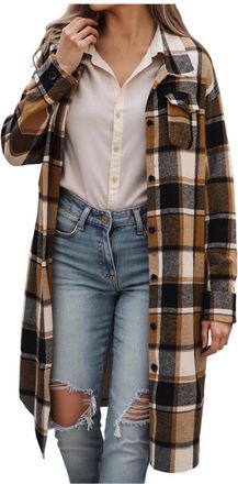 Generic Womens Plaid Shacket Jacket Long Corduroy Shirts Casual Lapel Button Down Flannel Trench Coats with Side Pockets Womens Flannel Checked Shirts Oversiz