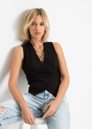 Bonprix Anzugweste BONPRIX, Damen, Gr. 48/50 (XL), schwarz, Obermaterial: 95% Polyester, 5% Elasthan, eng, Westen Anzugweste, aus fester Interlock-Qualit&auml;t, e