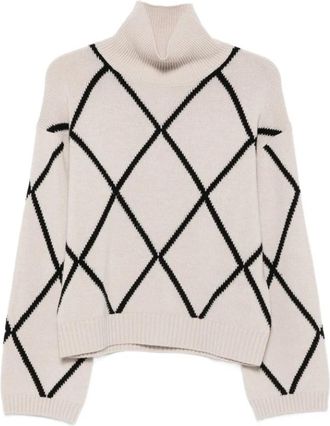 Allude Argyle Rollneck Sweater - Dames - Coltruien - Beige - M - Wol - Truien & Vesten