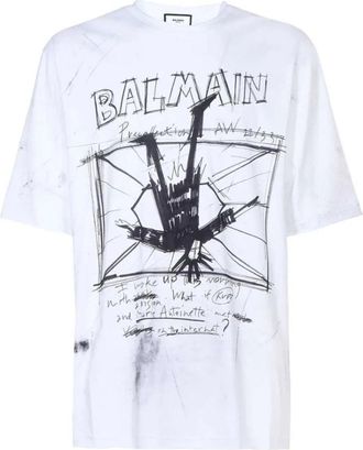 Balmain T-Shirts, male, White, L, Sketch Drawing Logo T-Shirt