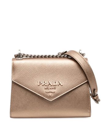 Prada 2013-2025 Metallic Saffiano Cuir Leather Monochrome Envelope Flap crossbody bag - Brown