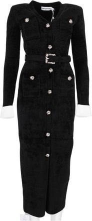 Self Portrait Black Embellished Button Belted Viscose-Blend Midi Dress