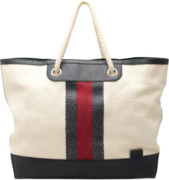 Gucci Ivory Navy Canvas Leather Tote Bag (Pre-Owned)