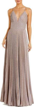 Mac Duggal Shimmer Pleated Plunge Neck Criss Cross Back Gown in Rose Gold at Nordstrom, Size 16