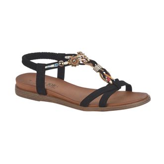 Jo & Joe Ladies Braided T-Strap Design Embellished Trim Elasticated Back Strap Flat Sandals (Black Flower, UK Footwear Size System, Adult, Women, Numeric, Medi
