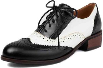 Generic Womens Contemporary Brogues Color Block Oxford Shoes with Low Heel for Work and Leisure Wear Round Toe Design,Black White,6.5 UK