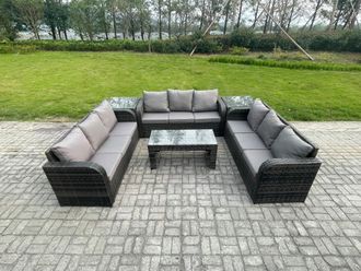 Fimous 9 Seater Outdoor Lounge Sofa Set Rattan Garden Furniture Set with Rectangular Coffee Table 2 Side Tables 3 Seater Sofa Dark Grey Mixed
