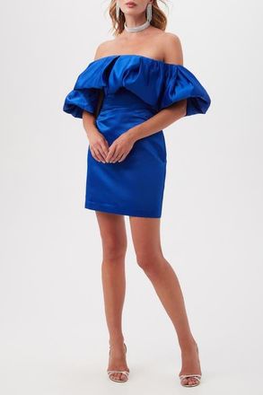 Trina Turk Nia Off the Shoulder Ruffle Satin Cocktail Dress in Bewitching Blue at Nordstrom, Size 10