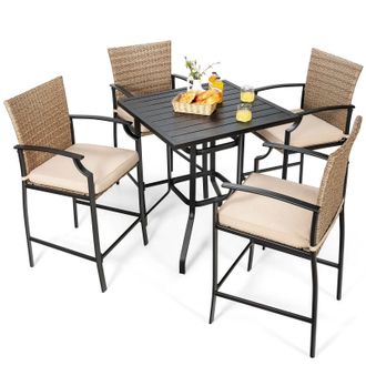Costway Costway 5 Pieces Outdoor Bar Stool Set Patio Rattan Bistro Set W/ 4 Chairs &1 Bar Table