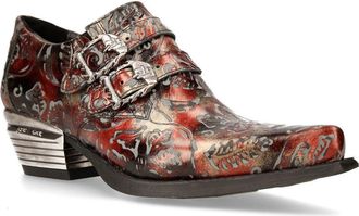 New Rock Embossed Black/Red Leather Buckled Shoes-7960-S5