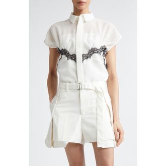 sacai Lace Trim Cap Sleeve Organza Button-Up Shirt in Off White at Nordstrom, Size 1