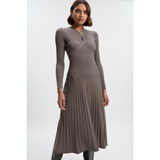 Karen Millen Rib Knit Trim Full Skirt Midi Dress in Grey at Nordstrom, Size Medium