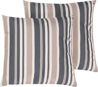 Beliani Conjunto De 2 Cojines De Poli&eacute;ster Azul Beige Patr&oacute;n De Rayas 40 X 40 Cm Jard&iacute;n Patio Exterior Kastos