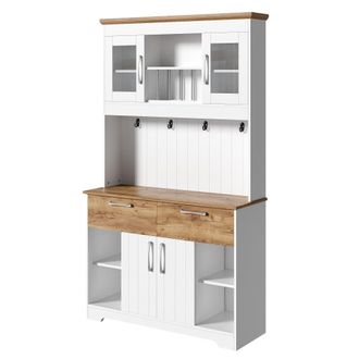 Urban Meuble Alacena cocina blanca efecto madera con vitrinas, cajones, ganchos