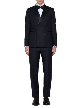 Tagliatore Mens Double-Breasted Tuxedo Blue Wool-Mohair Virgin Wool Suits