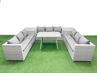 Fimous 9 Seat Patio PE Rattan Garden Furniture with 2 Side Tables Light Grey