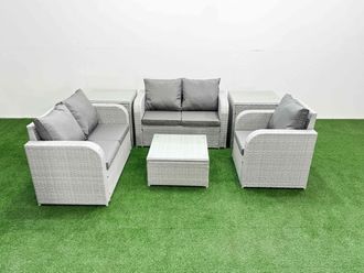 Fimous High Back Poly Rattan Garden Furniture Set w/ Reclining Chair Loveseat Sofa Square Coffee Table Indoor Outdoor Patio Set 2 Side Table Light