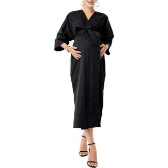 Accouch&eacute;e Amaterasu Tie Belt Maternity/Nursing Wrap Midi Dress in Black at Nordstrom, Size Large/x-Large