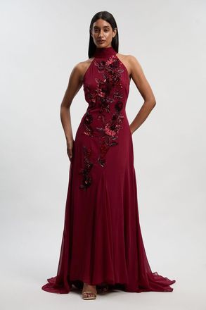 Karen Millen Womens Georgette Feather Embellished Halter Neck Woven Maxi Dress - Wine - Size 6 UK