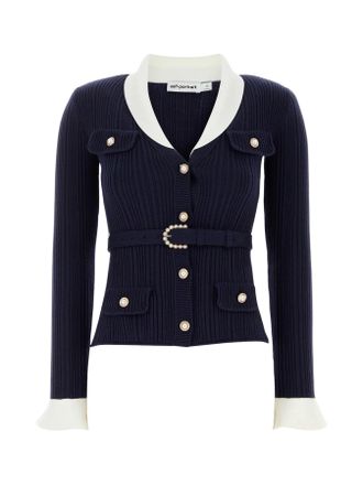 Self Portrait Blue Ribbed Viscose Cardigan