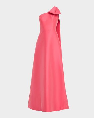Teri Jon Draped One-Shoulder Mikado Gown