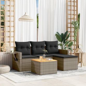 vidaXL Juego De Sof&aacute;s Jard&iacute;n Con Cojines 5 Pzas Rat&aacute;n Sint&eacute;tico Gris Vidaxl