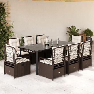 vidaXL Set Comedor Para Jard&iacute;n 9 Pzas Y Cojines Rat&aacute;n Sint&eacute;tico Marr&oacute;n Vidaxl