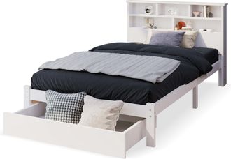 STILVORA Cama Con Caj&oacute;n 90 X 200 Cm De Madera Maciza, Cama Individual Con Caj&oacute;n Ajustable, 6 Compartimentos, Sin Colch&oacute;n, Blanco