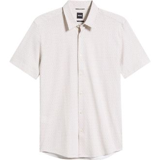 BOSS Roan Print Button-Up Cotton Blend Shirt in Open Beige at Nordstrom, Size Xx-Large