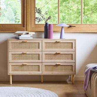 Sweeek 6-drawer Chest With Cane & Wooden Effect in Beige
