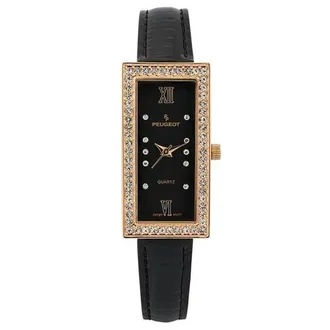 Peugeot Luxury Rectangular Crystal Bezel Leather Watch- 35x20MM in Black at Nordstrom