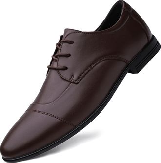 Generic Dress Shoes for Men Lace Up Round Cap Toe Derby Shoes Faux Leather Rubber Sole Resistant Non Slip Anti-Slip Block Heel Wedding(Brown,7.5 UK)