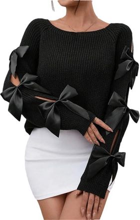 Generic Women Bow Details Hollowed Out Sleeves Sweater Knit Sweater Round Neck Pullovers Black S