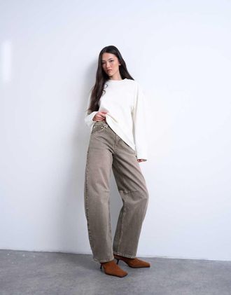 Topshop Barrel - Jeans a vita medio alta color pesto-Verde