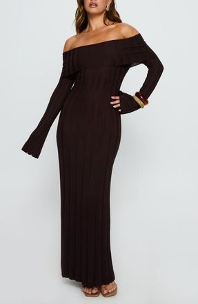 Princess Polly Ellouisa Long Sleeve Rib Knit Maxi Dress in Chocolate at Nordstrom, Size Medium